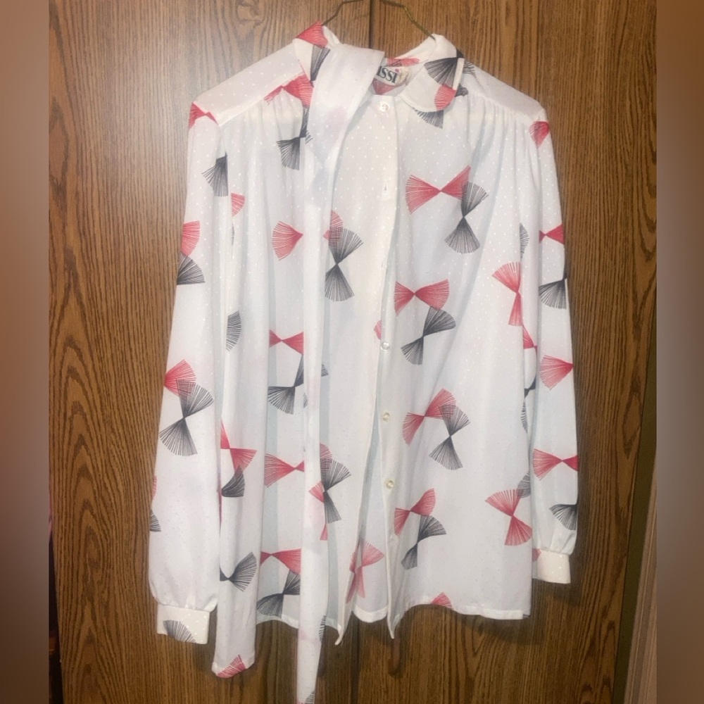 White and Red Long-Sleeved Blouse with Geometric Pattern